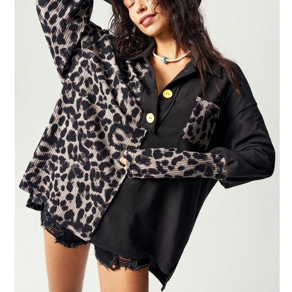 Cozy leopard Print Button Reverse Stitch Color Block Sweatshirt - Picture 4 of 6